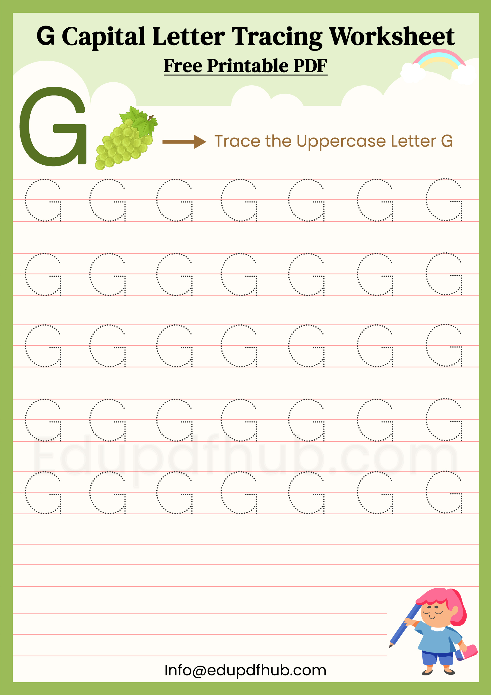 G Capital Letter Tracing Worksheet Printable PDF for Kids